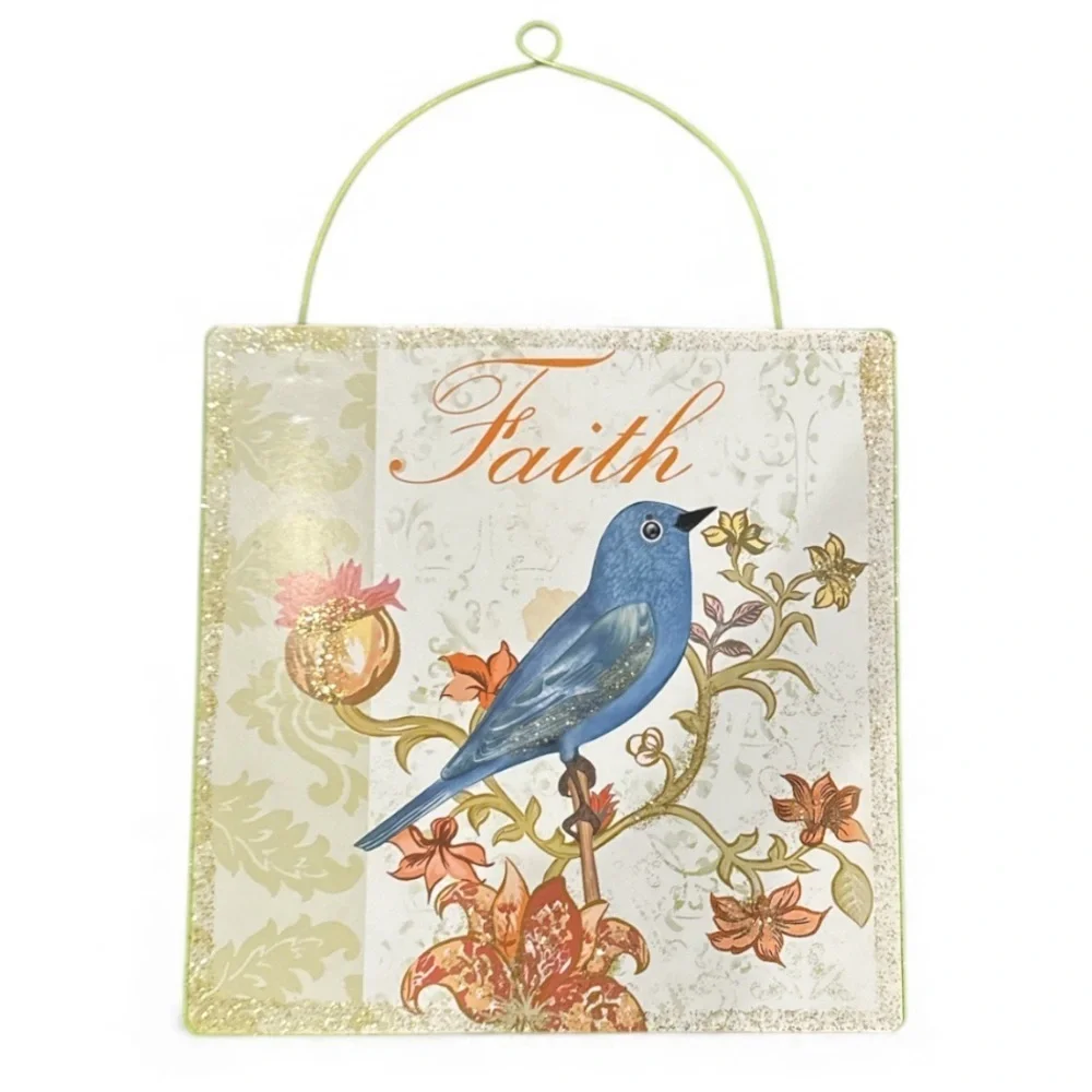 Ashland Decorative Orange Multi Square Tin “Faith” Blue Bird Wall Hanging NWT